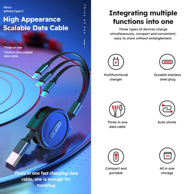3 In 1 Retractable USB Cable Data Cord For iPhone-Multi Port Charging Adapter