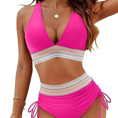 2026 Solid Color Drawstring Bikini Set-High Waist