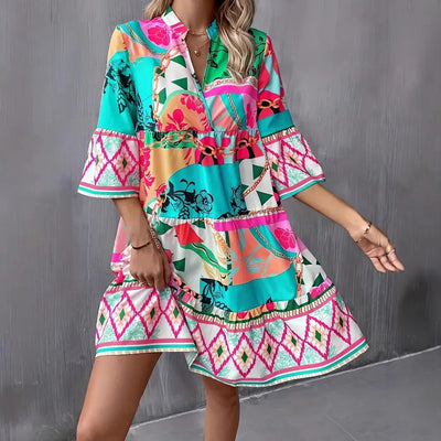Women's New Summer Fashion Trend-Printed High-quality V-neck Five-quarter Bell Sleeves Dress