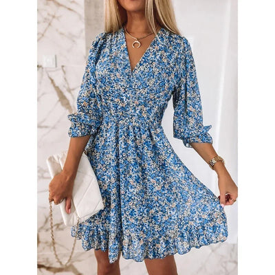 Summer Fashion Floral Dress for Women-Midi Skirt Casual-Tightened Waist Pullover-Short Sleeves