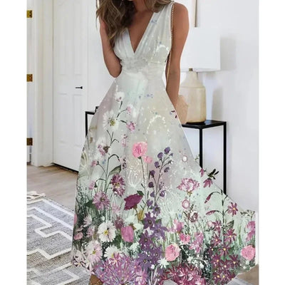 Summer Women's Fashion V-Neck Sleeveless High Waist Long Dress