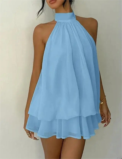 New Women's Halter Neck Dress Backless Tie-Front Chiffon Sheer Mini Skirt Fashionable Sexy Y2K Vintage Cute Party Birthday Dress