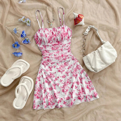 Summer Women's Fashionable Printed Pleated Dress-Elegant Women's Vacation Style Backless Suspender