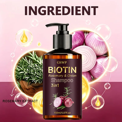 GSWP 3in1 Biotin Rosemary & Onion Shampoo. Deeply Cleanses Scalp, Controls Excess Oil, Moisturizes, Softens and Nourishes. 150ml