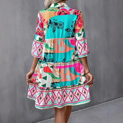 Women's New Summer Fashion Trend-Printed High-quality V-neck Five-quarter Bell Sleeves Dress
