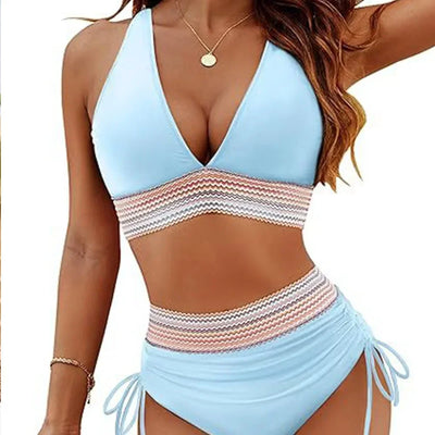 2026 Solid Color Drawstring Bikini Set-High Waist