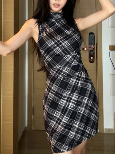 New French Women's Summer Dress-Tight Hip-Black Plaid-Sleeveless