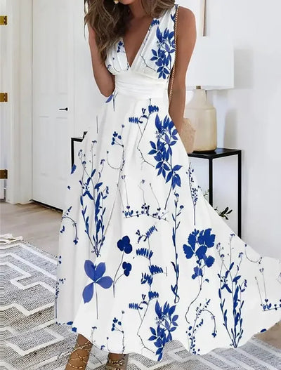 Summer Women's Fashion V-Neck Sleeveless High Waist Long Dress