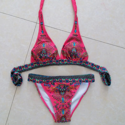 Women Vintage Ethnic Print Bohemian Bikini Sets
