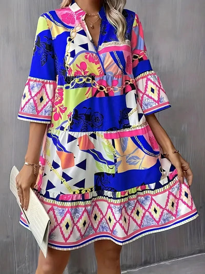 Women's New Summer Fashion Trend-Printed High-quality V-neck Five-quarter Bell Sleeves Dress