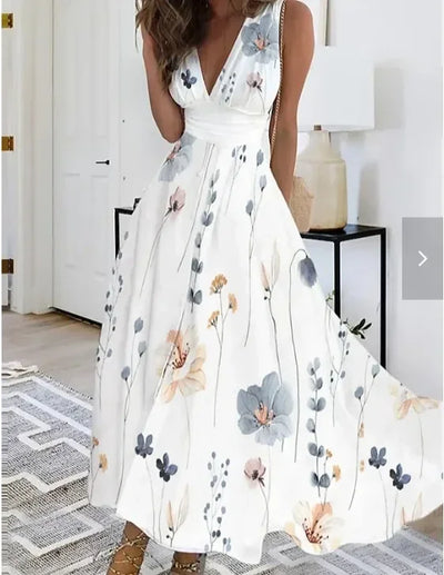 Summer Women's Fashion V-Neck Sleeveless High Waist Long Dress