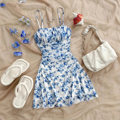 Summer Women's Fashionable Printed Pleated Dress-Elegant Women's Vacation Style Backless Suspender