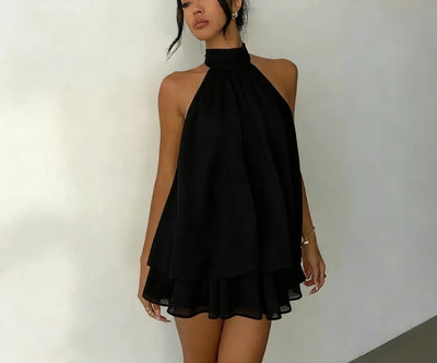 New Women's Halter Neck Dress Backless Tie-Front Chiffon Sheer Mini Skirt Fashionable Sexy Y2K Vintage Cute Party Birthday Dress