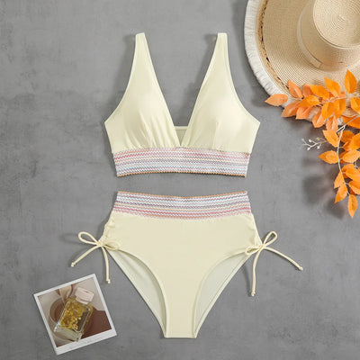 2026 Solid Color Drawstring Bikini Set-High Waist