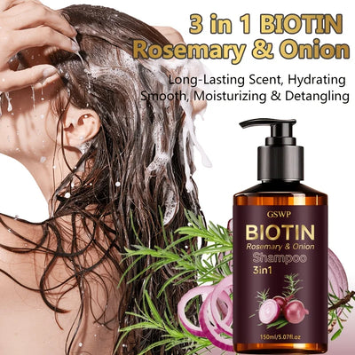 GSWP 3in1 Biotin Rosemary & Onion Shampoo. Deeply Cleanses Scalp, Controls Excess Oil, Moisturizes, Softens and Nourishes. 150ml