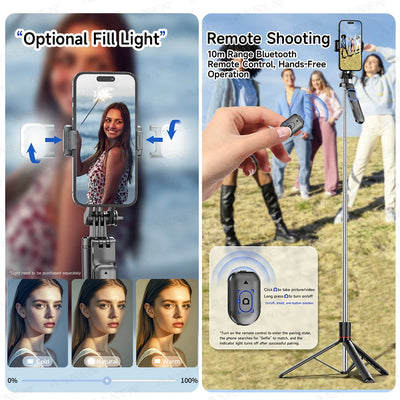 F16 Selfie Stick Tripod with 1708mm Long 8-Section Pole, Bluetooth Remote, 360° Rotation, 1/4 Interface, for Phone Camera Vlog