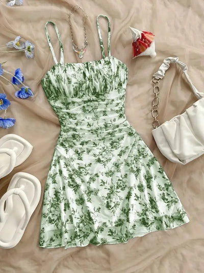 Summer Women's Fashionable Printed Pleated Dress-Elegant Women's Vacation Style Backless Suspender