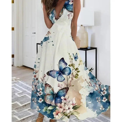 Summer Women's Fashion V-Neck Sleeveless High Waist Long Dress