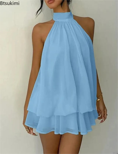 New Women's Halter Neck Dress Backless Tie-Front Chiffon Sheer Mini Skirt Fashionable Sexy Y2K Vintage Cute Party Birthday Dress