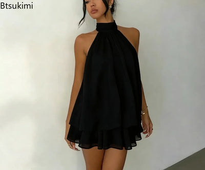 New Women's Halter Neck Dress Backless Tie-Front Chiffon Sheer Mini Skirt Fashionable Sexy Y2K Vintage Cute Party Birthday Dress