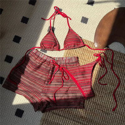 Sexy Striped String Bikini Set with Shorts Bottom