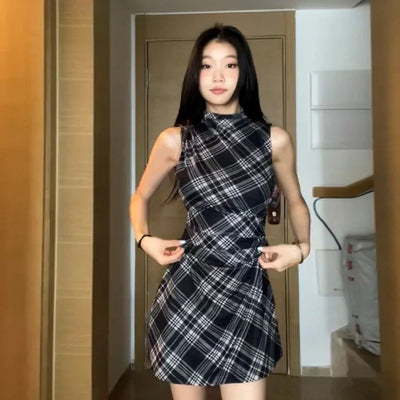 New French Women's Summer Dress-Tight Hip-Black Plaid-Sleeveless