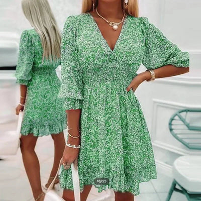 Summer Fashion Floral Dress for Women-Midi Skirt Casual-Tightened Waist Pullover-Short Sleeves