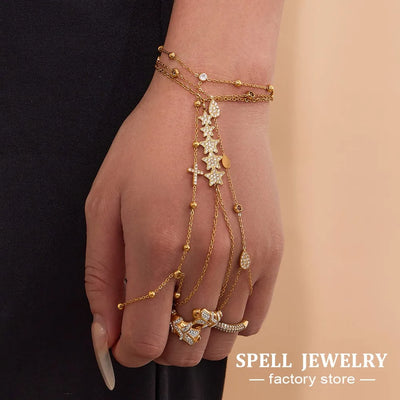 Dainty Hand Chain Bracelets In Stainless Steel with 18k Gold Plate and Cubic Zirconia