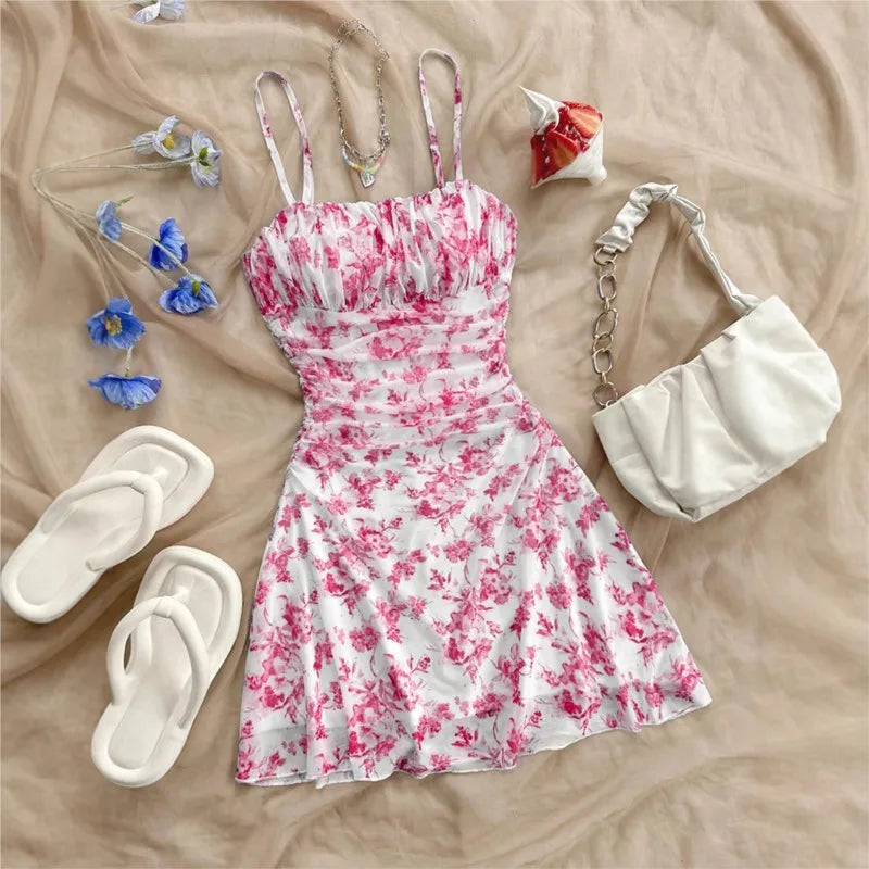 Summer Women's Fashionable Printed Pleated Dress-Elegant Women's Vacation Style Backless Suspender