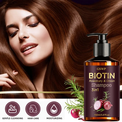 GSWP 3in1 Biotin Rosemary & Onion Shampoo. Deeply Cleanses Scalp, Controls Excess Oil, Moisturizes, Softens and Nourishes. 150ml