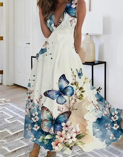 Summer Women's Fashion V-Neck Sleeveless High Waist Long Dress