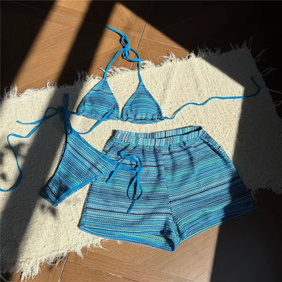 Sexy Striped String Bikini Set with Shorts Bottom