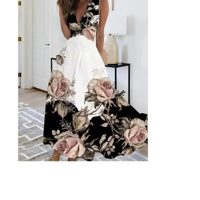 Summer Women's Fashion V-Neck Sleeveless High Waist Long Dress