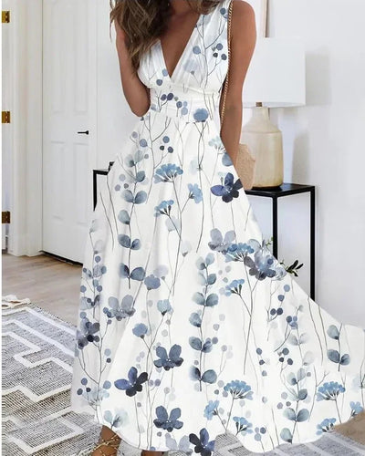 Summer Women's Fashion V-Neck Sleeveless High Waist Long Dress