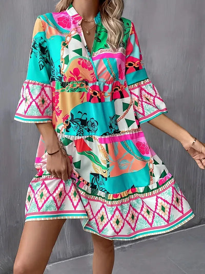 Women's New Summer Fashion Trend-Printed High-quality V-neck Five-quarter Bell Sleeves Dress