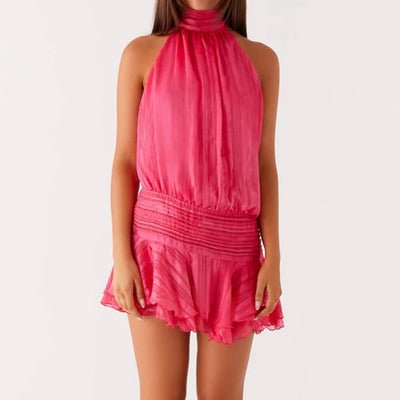 Women's Halter Ruffles Mini Dress-Lace Up Backless Beach Party Dress-Summer Fashion Vacation Lady Cocktail Dress