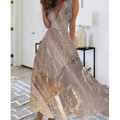 Summer Women's Fashion V-Neck Sleeveless High Waist Long Dress