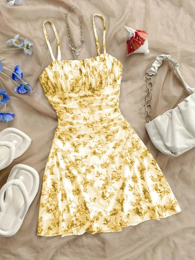 Summer Women's Fashionable Printed Pleated Dress-Elegant Women's Vacation Style Backless Suspender