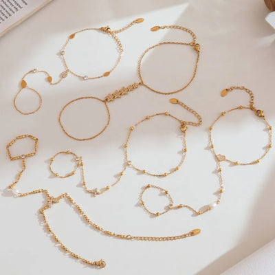 Dainty Hand Chain Bracelets In Stainless Steel with 18k Gold Plate and Cubic Zirconia