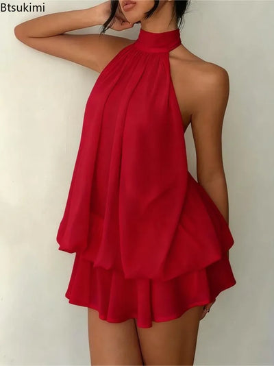 New Women's Halter Neck Dress Backless Tie-Front Chiffon Sheer Mini Skirt Fashionable Sexy Y2K Vintage Cute Party Birthday Dress