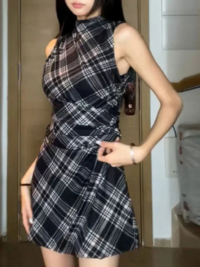 New French Women's Summer Dress-Tight Hip-Black Plaid-Sleeveless