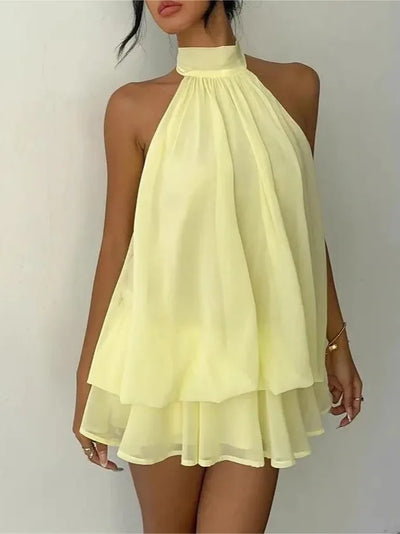 New Women's Halter Neck Dress Backless Tie-Front Chiffon Sheer Mini Skirt Fashionable Sexy Y2K Vintage Cute Party Birthday Dress