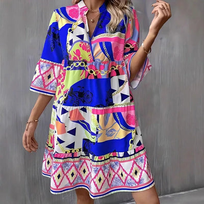 Women's New Summer Fashion Trend-Printed High-quality V-neck Five-quarter Bell Sleeves Dress
