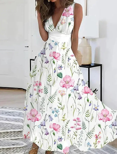 Summer Women's Fashion V-Neck Sleeveless High Waist Long Dress