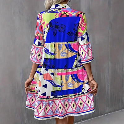 Women's New Summer Fashion Trend-Printed High-quality V-neck Five-quarter Bell Sleeves Dress
