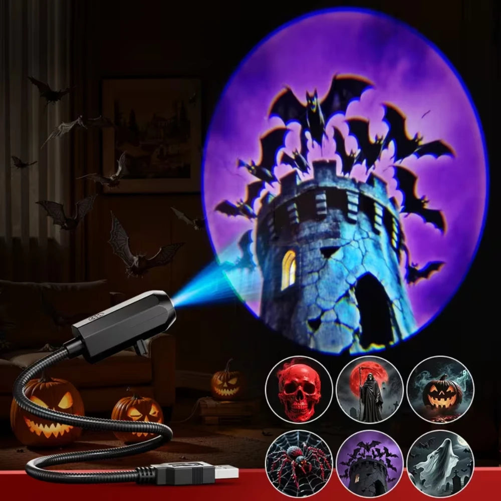 Projection Light 5V USB Night Lamp Halloween  Ambiance Night Light Skull Ghost Spider Bat Switchable Pattern Projection Lighting