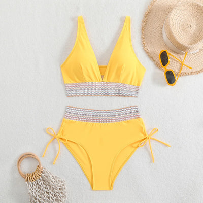 2026 Solid Color Drawstring Bikini Set-High Waist