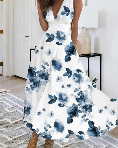 Summer Women's Fashion V-Neck Sleeveless High Waist Long Dress