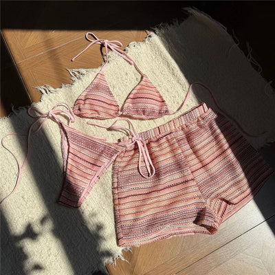 Sexy Striped String Bikini Set with Shorts Bottom