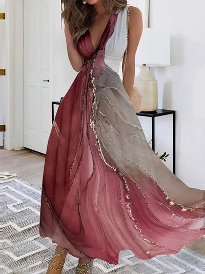 Summer Women's Fashion V-Neck Sleeveless High Waist Long Dress